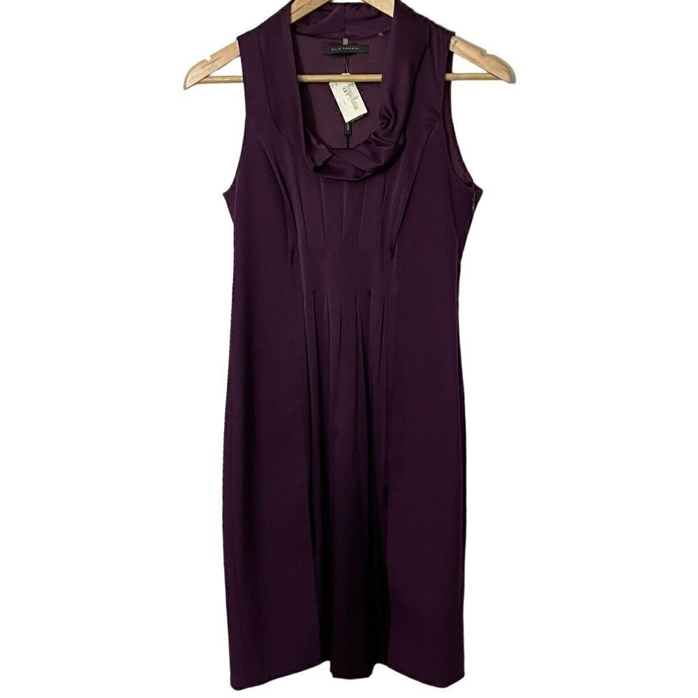 Elie Tahari Sonya Dress Sz 2 Eggplant Purple Wool Silk Fitted Cowl Neck $448 NWT